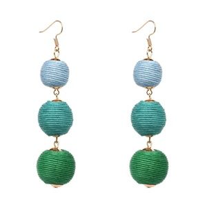 Bohemian Triple Ball Tassel Earrings Green + Blue